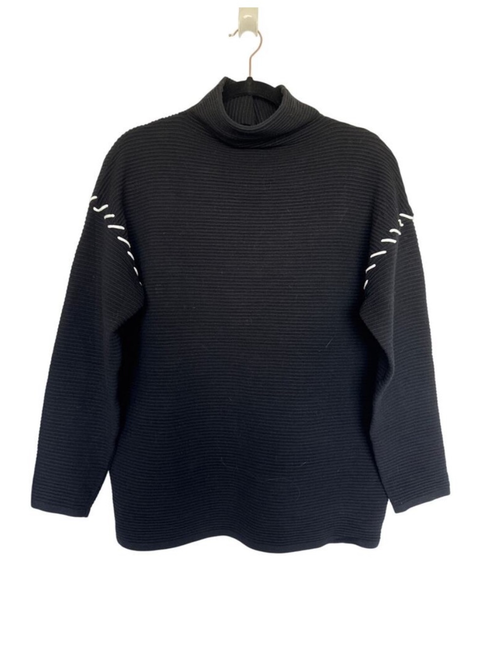 Tahari Black Ribbed Turtleneck Sweater with White Stitch Detail